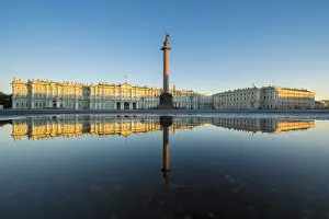 Winter Palace Prints: Winter Palace and Alexander Column reflecting on a pond after the rain in Palace Square