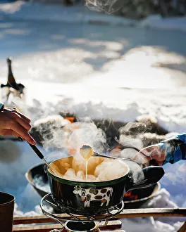 Cheese Prints: Winter Picnic in Engadin, Canton of Graubunden, Switzerland, Europe