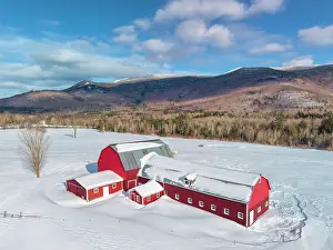 Green Mountains Prints: Winter at red barn and dairy farm in the Green Mountains, Waterbury Center, Vermont, USA