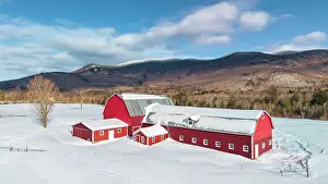 Green Mountains Prints: Winter at red barn and dairy farm in the Green Mountains, Waterbury Center, Vermont, USA