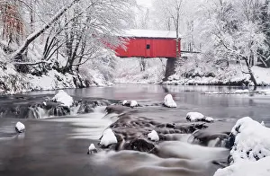 Timber Prints: Winter at Slaughter House Covered Bridge, Green Mountains, Northfield, Vermont, USA