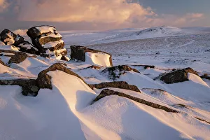 Devon Prints: Winter snow at Rowtor in Dartmoor National Park, Devon, England. Winter (February) 2019