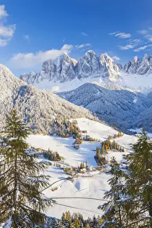 South Tirol Prints: Winter snow; St. Magdalena village; Geisler Spitzen (3060m); Val di Funes; Dolomites