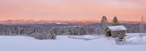Timber Prints: Winter sunrise at the A.M. Foster Bridge, Green Mountains, Cabot, Vermont, USA