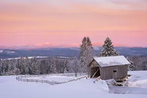 Timber Prints: Winter sunrise over the A.M. Foster Bridge, Green Mountains, Cabot, Vermont, USA