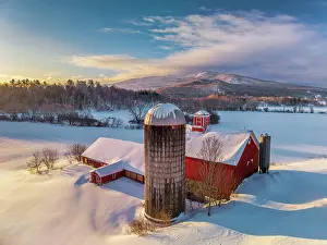 Michael Blanchette Prints: Winter sunrise over farm in Green Mountains, Waterville, Vermont, USA