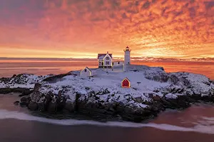 Michael Blanchette Prints: Winter sunrise with holiday lights at Nubble Lighthouse, York, Maine, USA