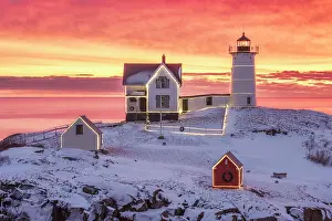 York Prints: Winter sunrise with holiday lights at Nubble Lighthouse, York, Maine, USA