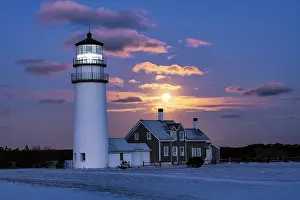 Cape Cod Light Prints: Winter sunrise with full moon at Highland Lighthouse