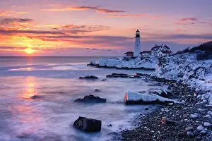 Portland Harbor Prints: Winter sunrise at Portland Head Lighthouse, Cape Elizabeth, Maine, USA