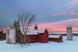 Q3 2025 Prints: Winter sunrise over red barn, Green Mountains, Charlotte, Vermont, USA