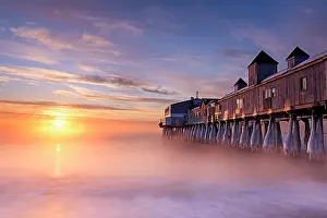 Board Walk Prints: Winter sunrise with sea fog at Old Orchard Beach pier, Old Orchard, Maine, USA