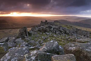 Winter sunrise viewed from Sharpitor, Dartmoor, Devon, England. Winter
