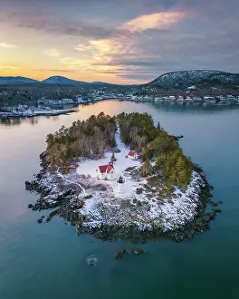Snow Flurry Prints: Winter sunset over Curtis Island Lighthosue, Camden, Maine, USA