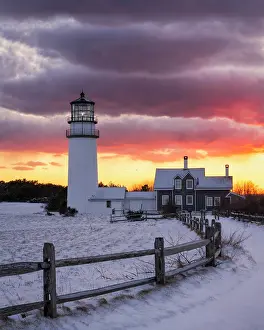 Cape Cod Prints: Winter sunset at Highland Lighthouse on Cape Cod, North Truro, Massachusetts, USA
