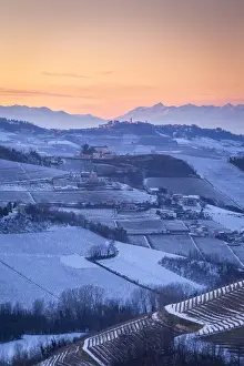 Winter sunset on La Morra village viewed from Serralunga d Alba