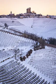 Serralunga Dalba Prints: Winter sunset on the medieval town of Serralunga d Alba