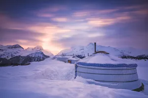 Wind Prints: Winter sunset at Mongolian tent at Alp Flix, Sur, Surses, Parc Ela, Region of Albula