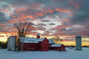 Q3 2025 Prints: Winter sunset over red barn, Green Mountains, Charlotte, Vermont, USA