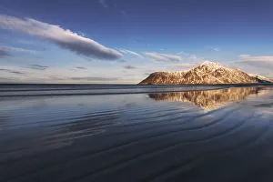Rugged Peak Prints: Winter sunset at Skagsanden beach in the Lofoten islands, Norway