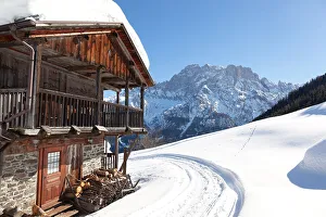 Chalet Prints: A winter view in Bramezza, with Civetta on the background