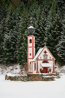 Odle Prints: Winter view of Church of St. Johann in Ranui