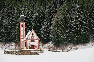 Odle Prints: Winter view of Church of St. Johann in Ranui