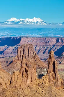 Winter top view from Island in the Sky with La Sal snowy mountains in background Winter top view from Island in the Sky with La Sal snowy mountains in background