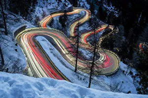 Pass Prints: Winter view of Maloja Pass road, Graubunden, Switzerland