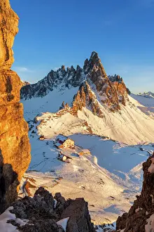 Alto Adige Prints: Winter view of mount Paterno and Locatelli hut seen from Sexten rock (Sasso di Sesto)