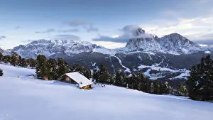 Sella Group Prints: a winter view of the Val Gardena with Sella Group and Langkofel Group in the background