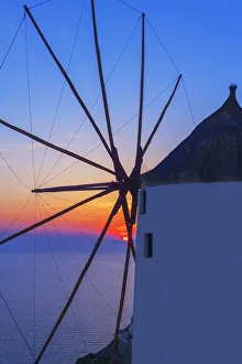 Thira Prints: Wndmill at sunset, Oia, Santorini, Cyclades Islands, Greece