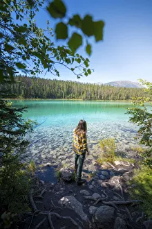 Woman admiring Second lake at Valley of Five Lakes, Jasper, Canadian Rockies, Canada