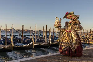 A woman in a feather Venetian mask poses during the Venice