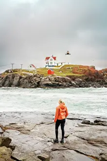 Nautical Prints: Woman enjoying the view of Cape Neddick Lighthouse also called Nubble Lighthouse