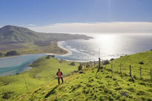 Images Dated 23rd January 2020: A woman enjoying the view of Hoopers inglet and the coastline near Dunedin in the Otago