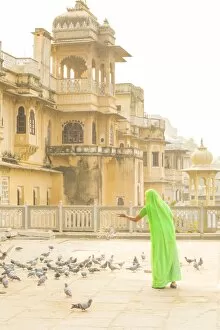 Palaces Gallery: Woman feeding pidgeons, Udaipur, Rajasthan, India