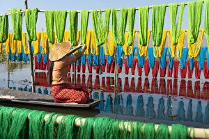 Images Dated 23rd April 2020: Woman hanging dyed yarn from a boat to dry in a traditional weaving village on Lake Inle