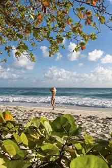 Barbados Gallery: Woman with hat walks on waterfront of Miami Beach, Barbados Island, Lesser Antilles