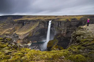 Observing Prints: Woman at Hifoss waterfall during summer, Fossa river, Iceland (MR)