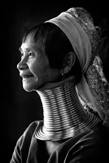 B And W Prints: Woman of the Kayan (Padaung) tribe with brass coilss around her neck