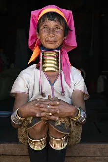 Ethnic Gallery: Woman from Kayan tribe wearing traditional brass neck rings, near Loikaw District