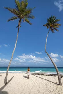 Relaxation Gallery: Woman with pareo walks on the beach of Bottom Bay, Barbados Island, Lesser Antilles