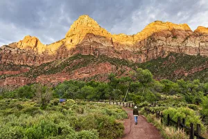 Virgin River Prints: Woman walking the Pa rus Trail Zion National Park, Utah, USA