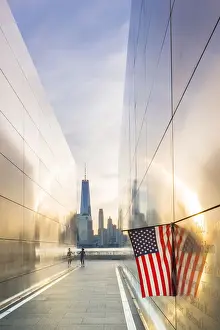 Stars And Stripes Prints: Woman walking through the Empty skies 9 / 11 memorial in Liberty state park, New York, USA