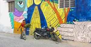 Street Art Prints: A woman walking in the street in Pushkar, Rajasthan, India, Asia