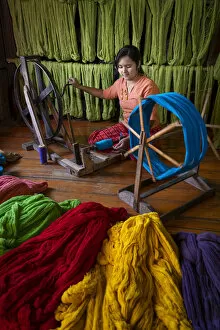 Adults Gallery: Woman winding up thread at weaving workshop on Lake Inle, Nyaungshwe Township