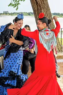 Dancing Prints: Women dancing flamenco during the El Rocio pilgrimage, El Rocio, Huelva, Andalusia, Spain