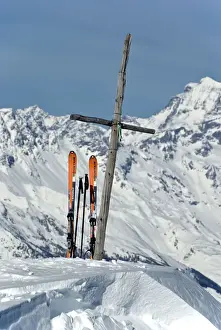 Excursion Prints: The wood cross on top of Pointe de la Pierre, flanked by a pair of mountaineering