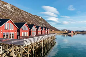 Leknes Prints: Wood red cabins overlooking the cold sea